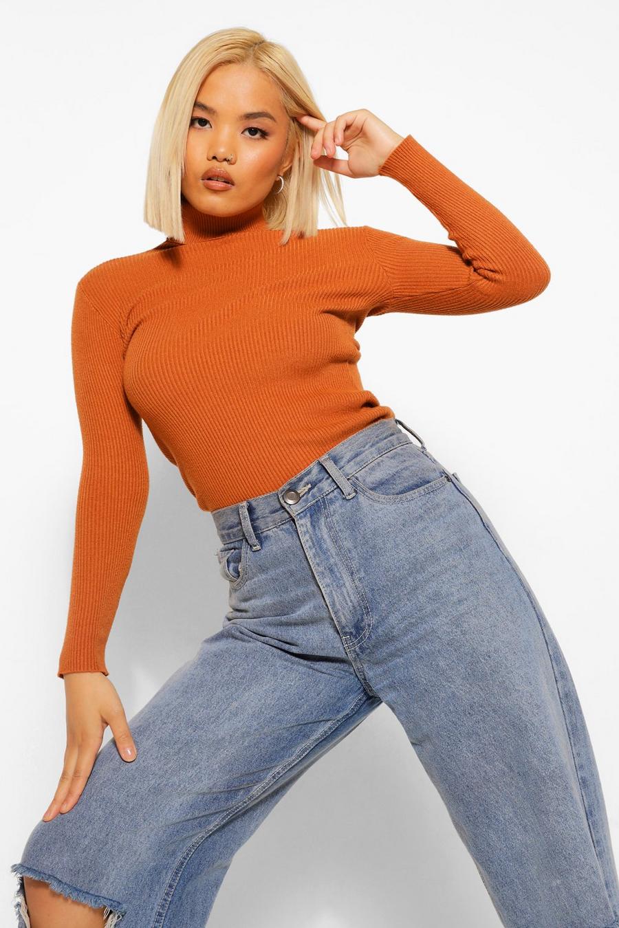 Rust Petite Rib Knitted Roll Neck Jumper image number 1