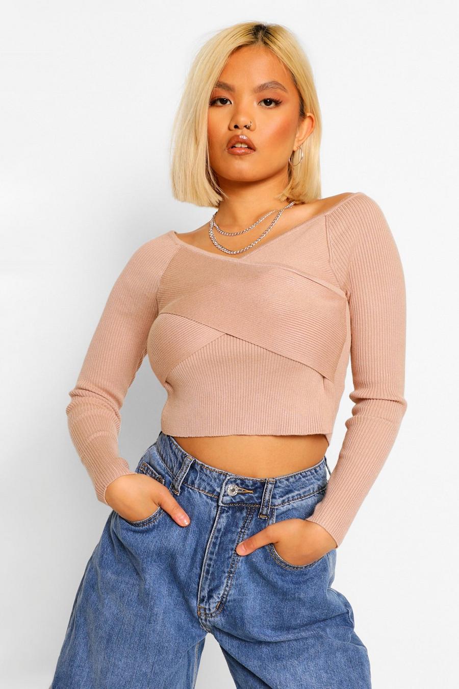 Beige beis Petite Wrap Front Crop Knitted Jumper image number 1