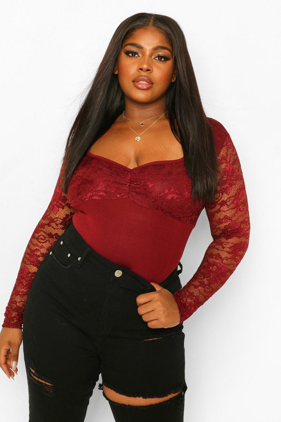 Berry Plus Lace Sweetheart Ruched Bodysuit image number 1