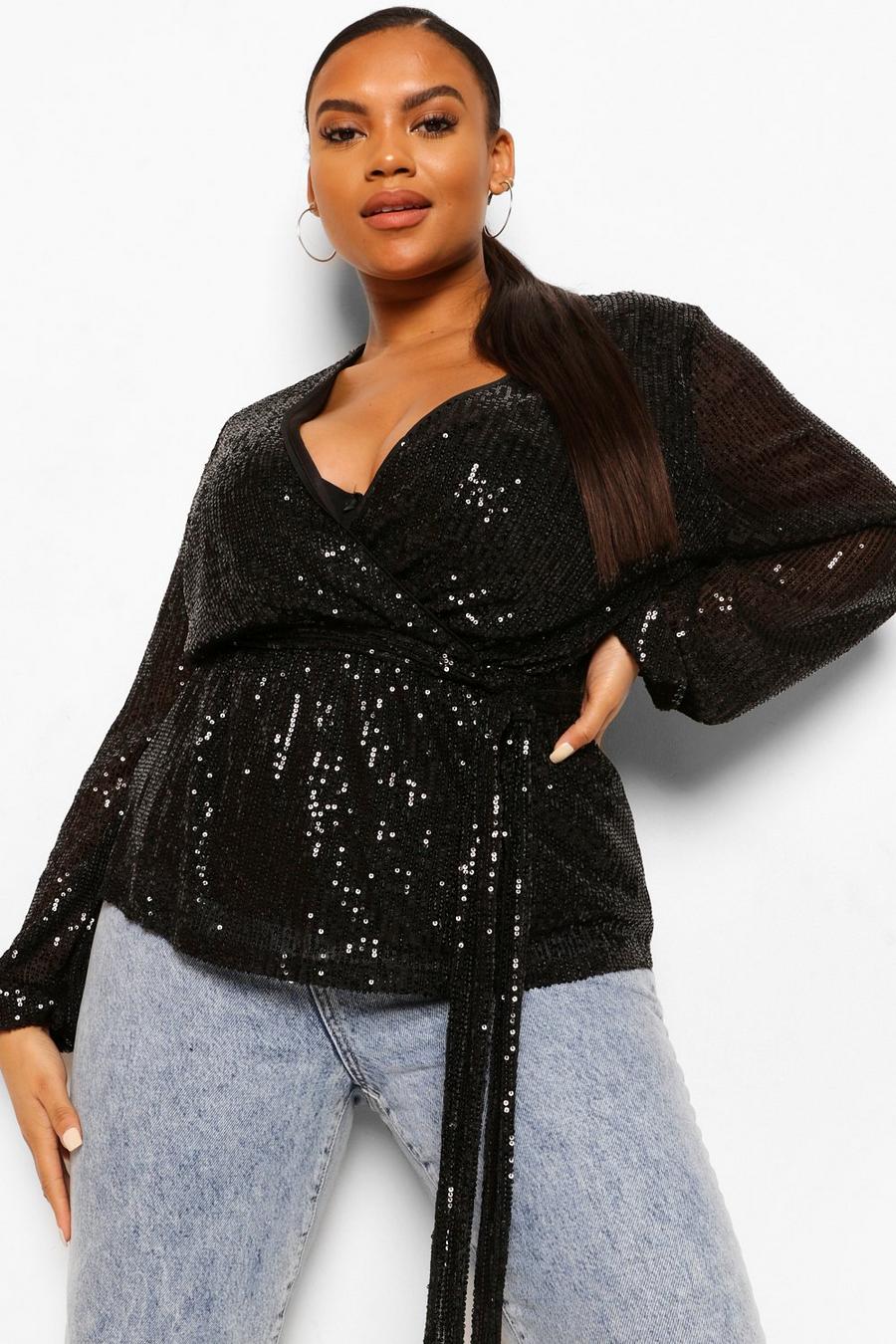 Plus Sequin Long Sleeve Wrap Belted Top image number 1