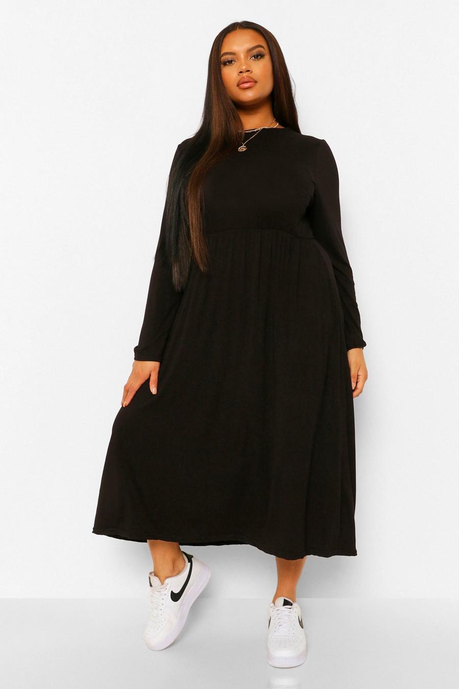 Black Plus Long Sleeve Midi Smock Dress image number 1