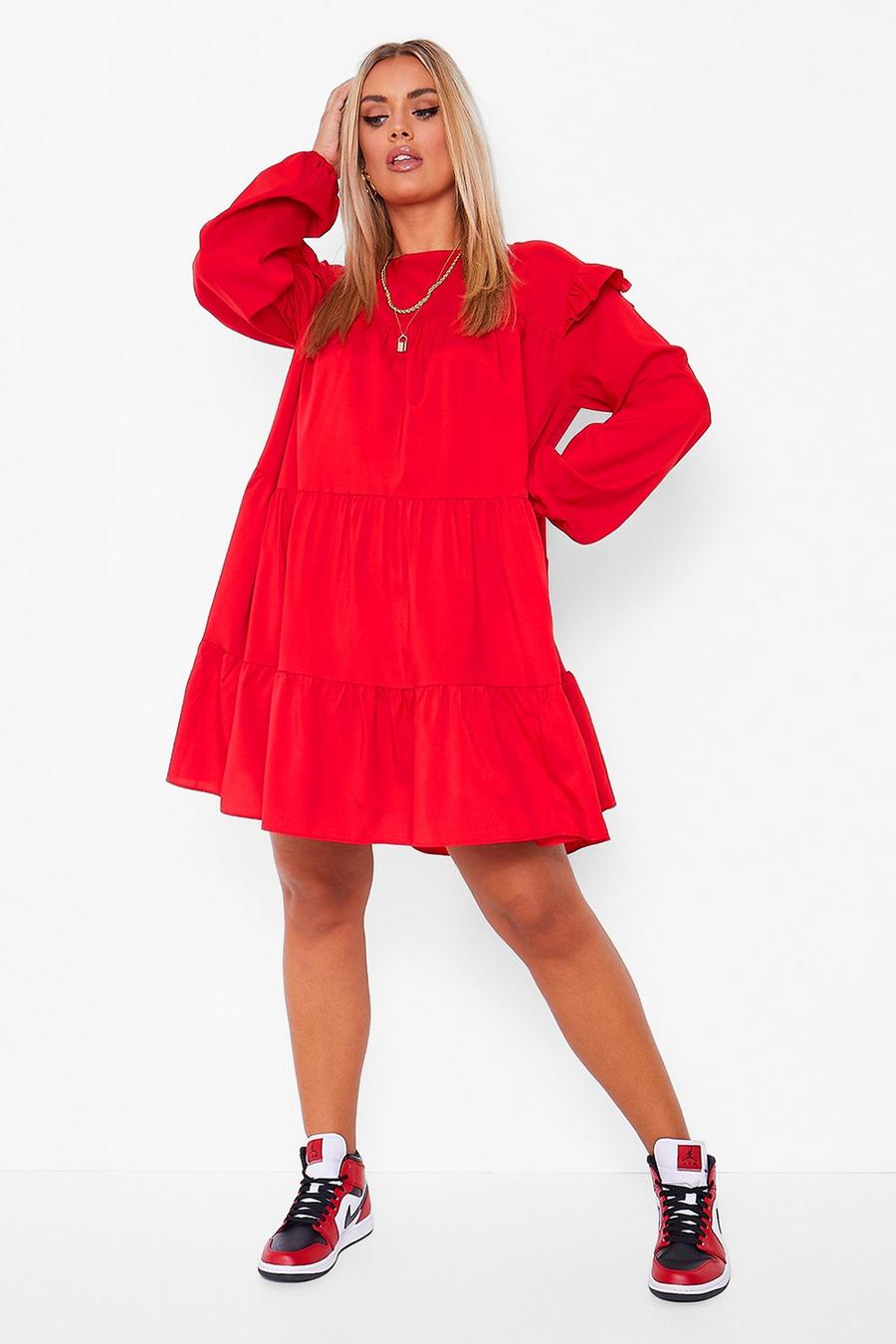 Red Plus Long Sleeve Tiered Ruffle Smock Dress image number 1