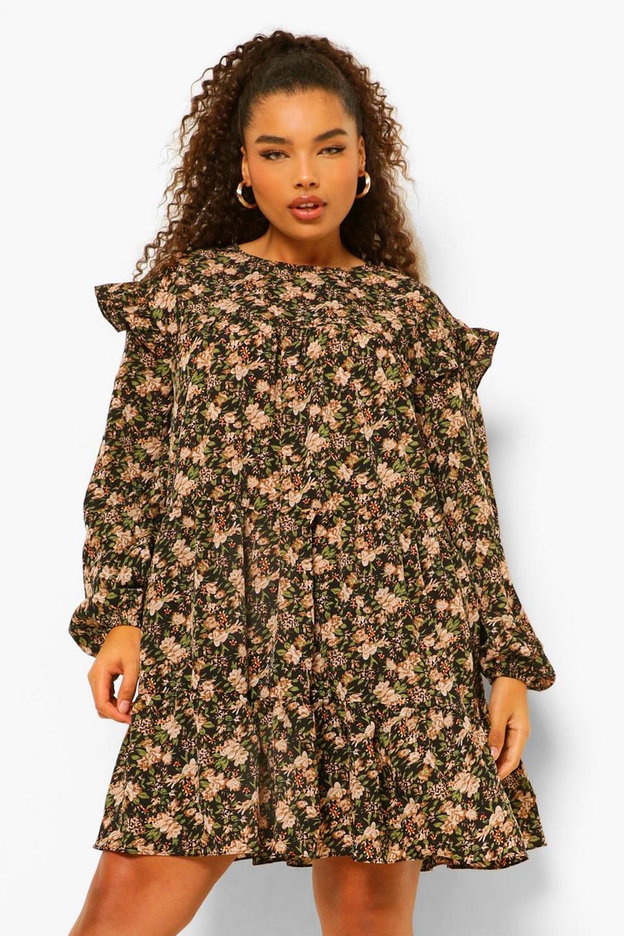 Black Plus Ditsy Floral Tiered Ruffle Smock Dress image number 1