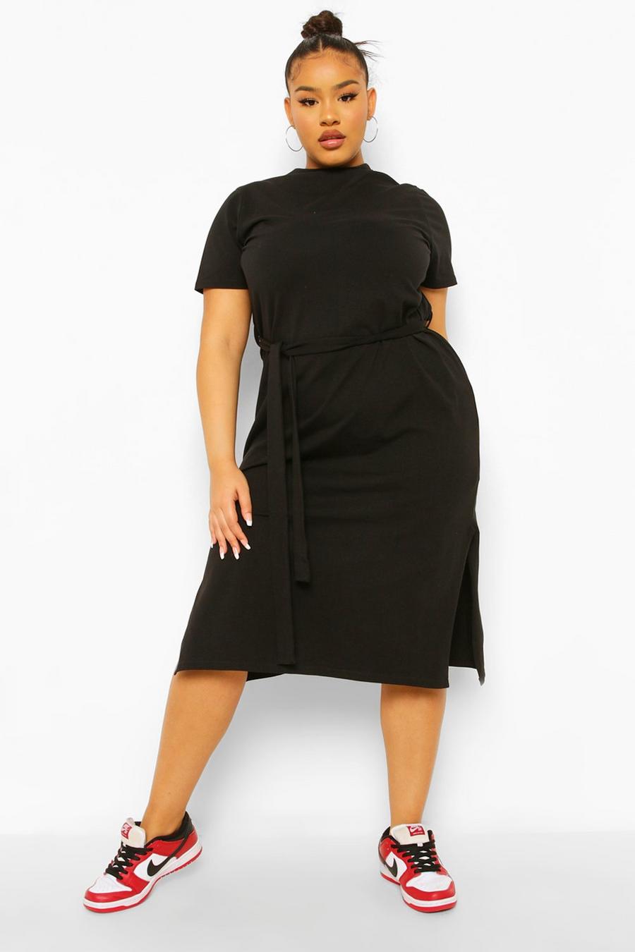 Black Plus Self Belted High Neck Midi Dress image number 1