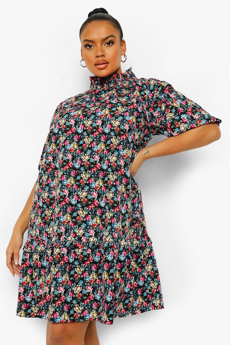 Vestido estilo blusón con cuello alto y estampado de flores, talla grande, Multicolor image number 1