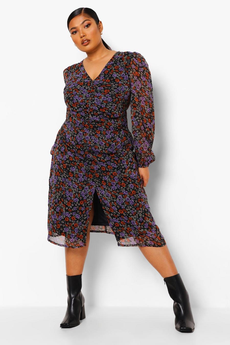 Black Plus Floral Ruched Puff Sleeve Midi Dress image number 1