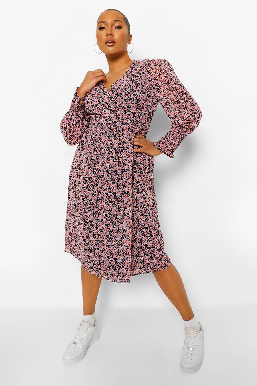 Pink Plus Ditsy Floral Puff Sleeve Wrap Midi Dress image number 1