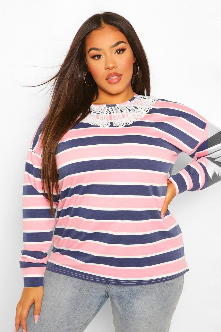 Grande taille - Sweat oversize rayé avec col, Blush image number 1