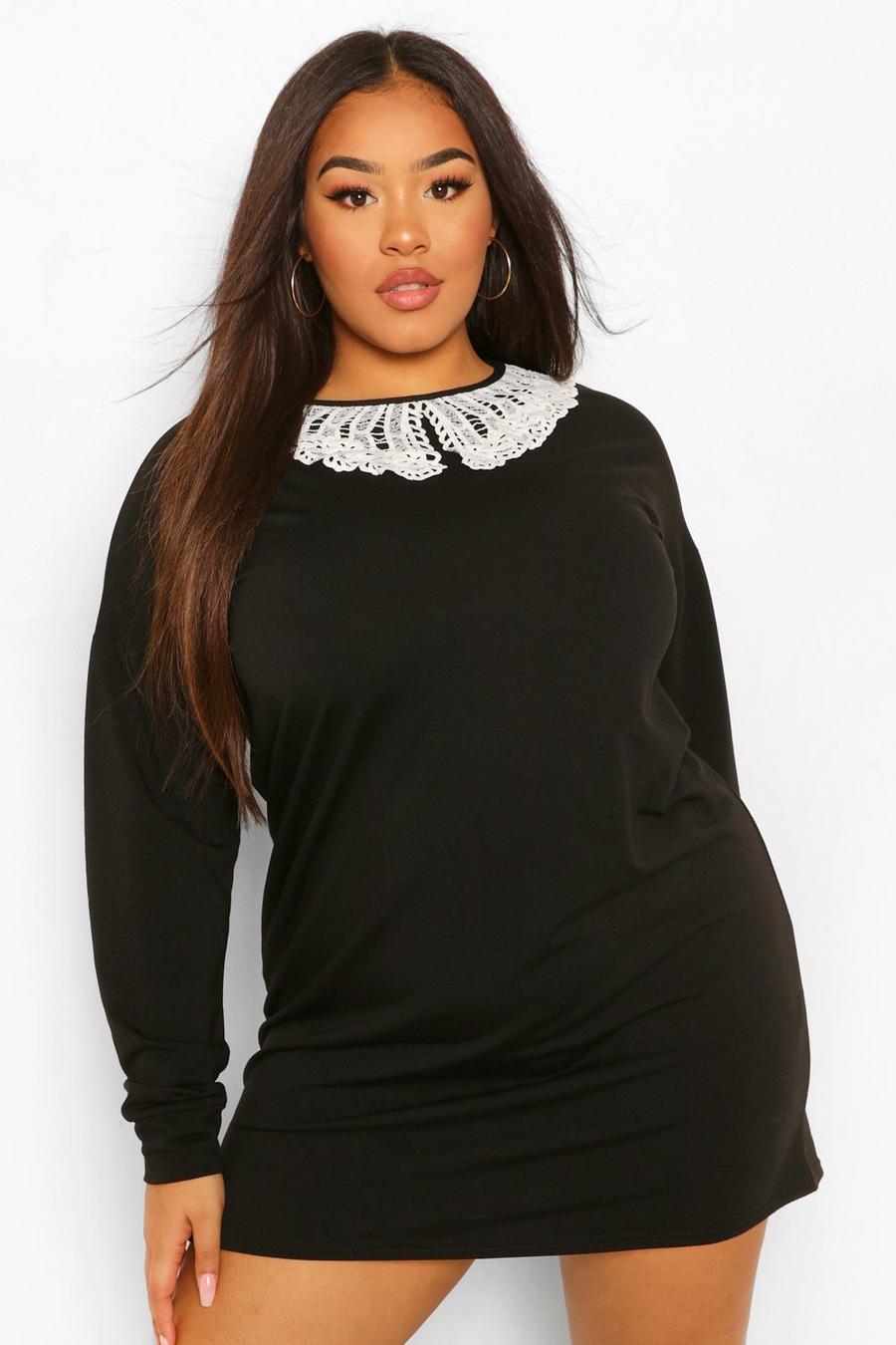 Black Plus Oversized Sweat Dress With Frill Collar image number 1