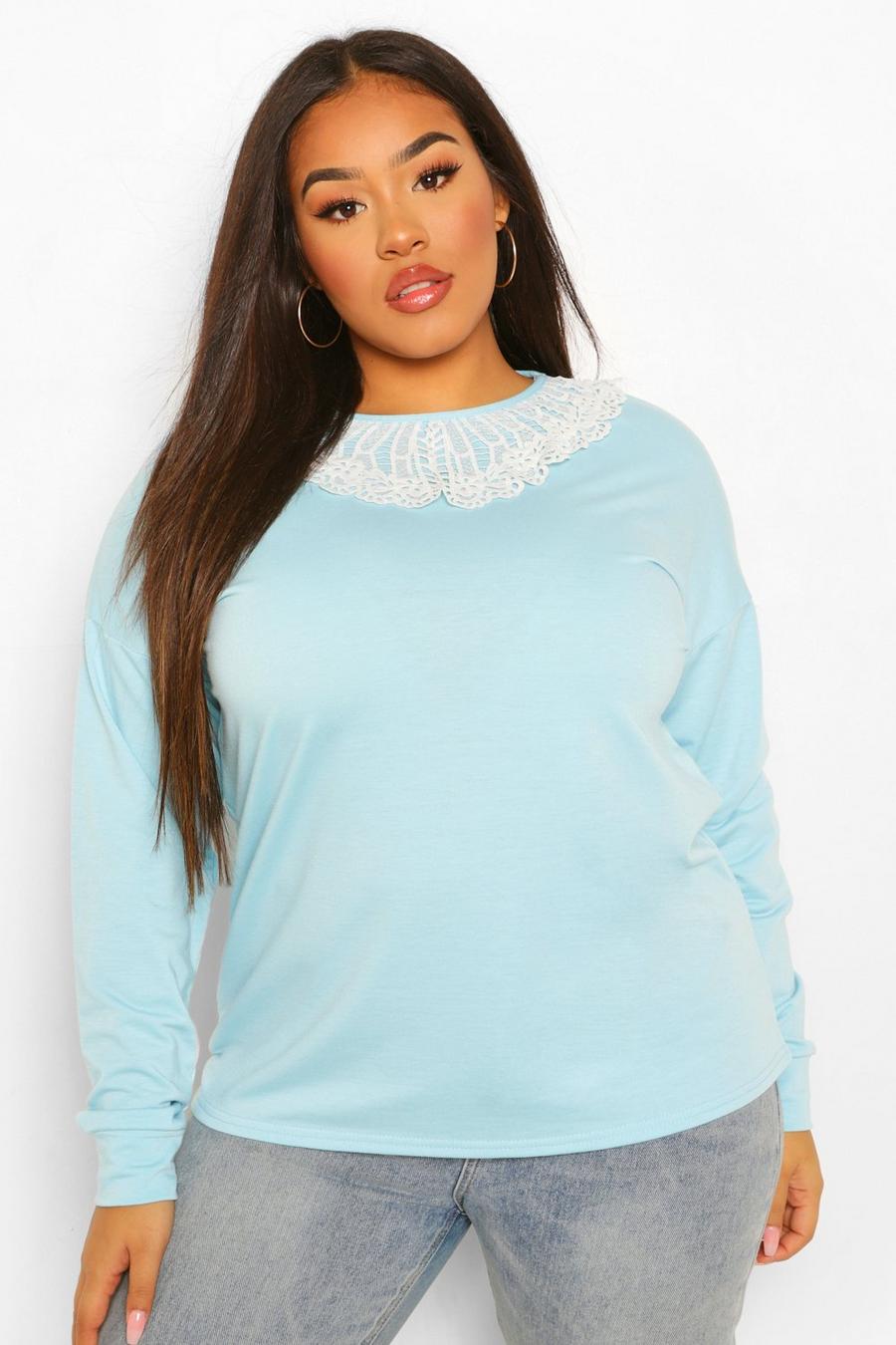 Plus Oversized-Sweatshirt mit gerüschtem Kragen, Pastellblau image number 1