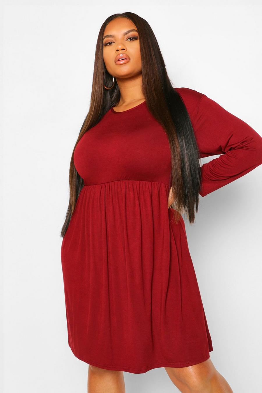 Berry red Plus Basic Long Sleeve Smock Dress image number 1