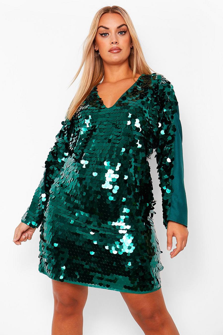 Emerald Plus - Långärmad skiftklänning med stora paljetter image number 1