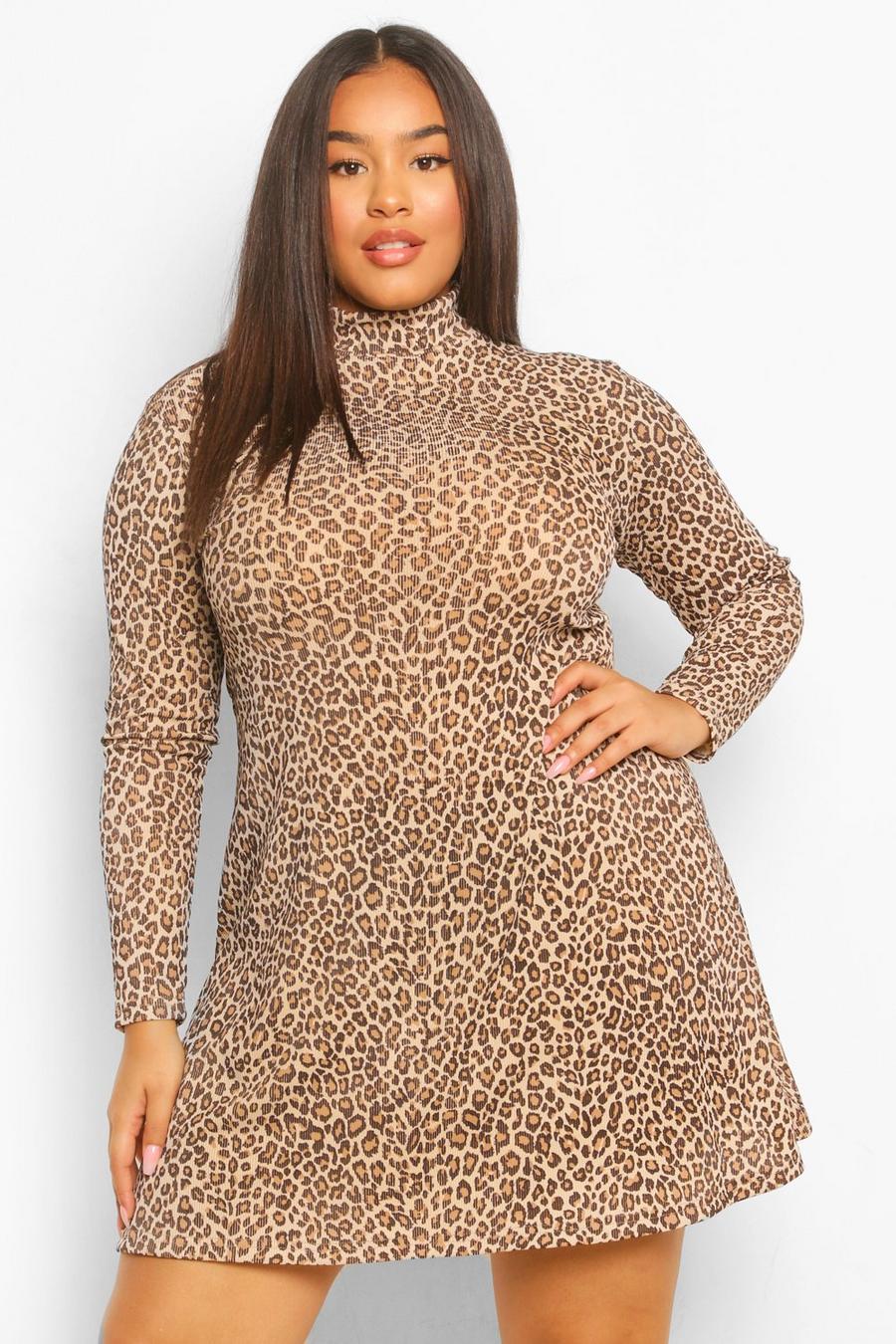Brown Plus Rib High Neck Leopard Swing Dress image number 1