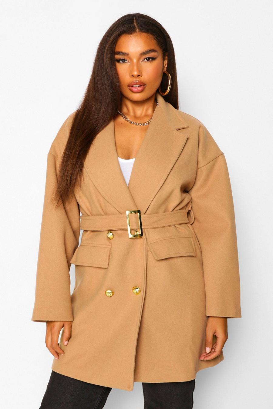 Camel Plus Military Detail Belted Wool Look Coat image number 1