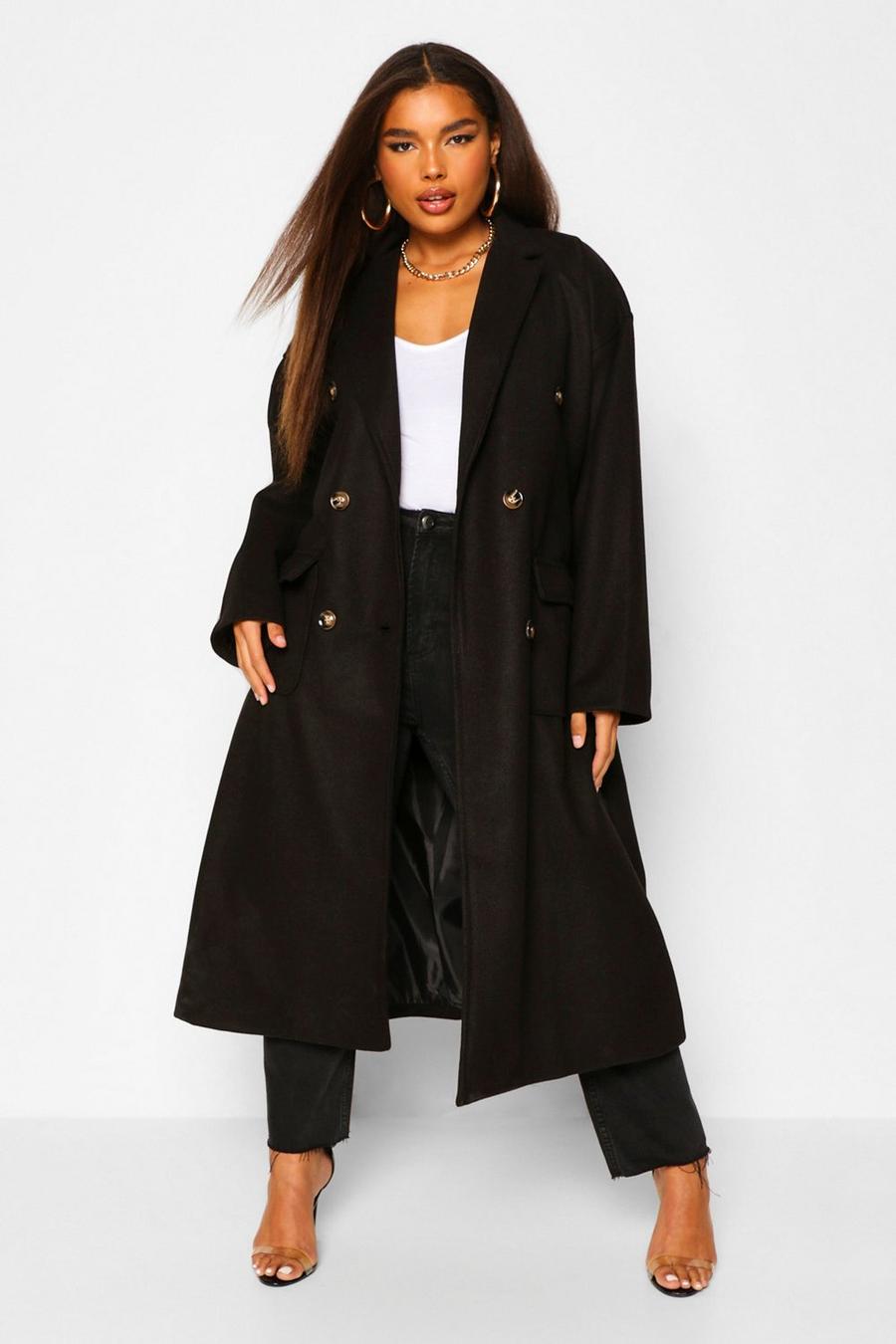 Abrigo con doble bolsillo y cinturón con efecto de lana Plus, Negro image number 1