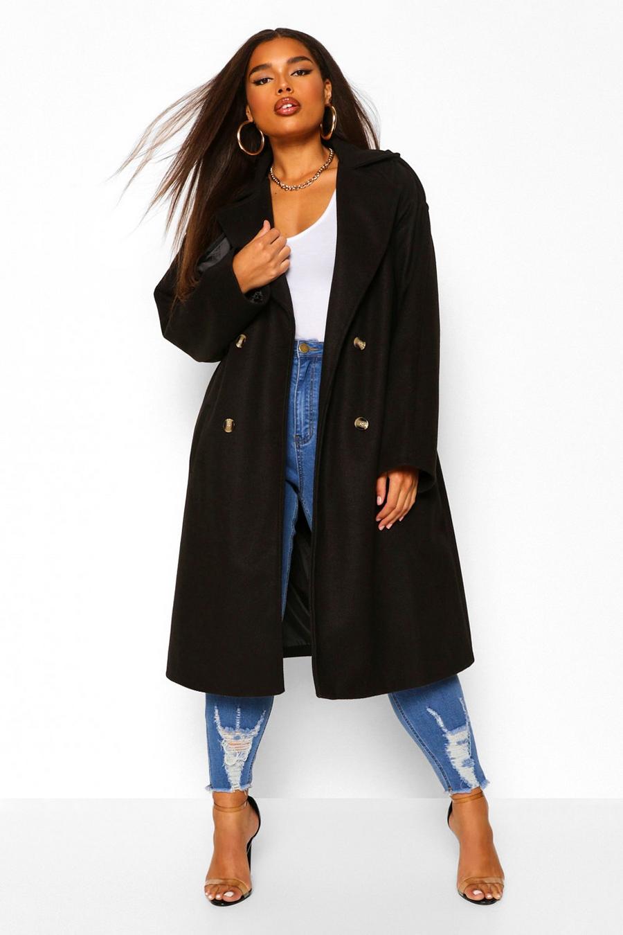 Black Plus Wool Look Belted Trench Coat image number 1