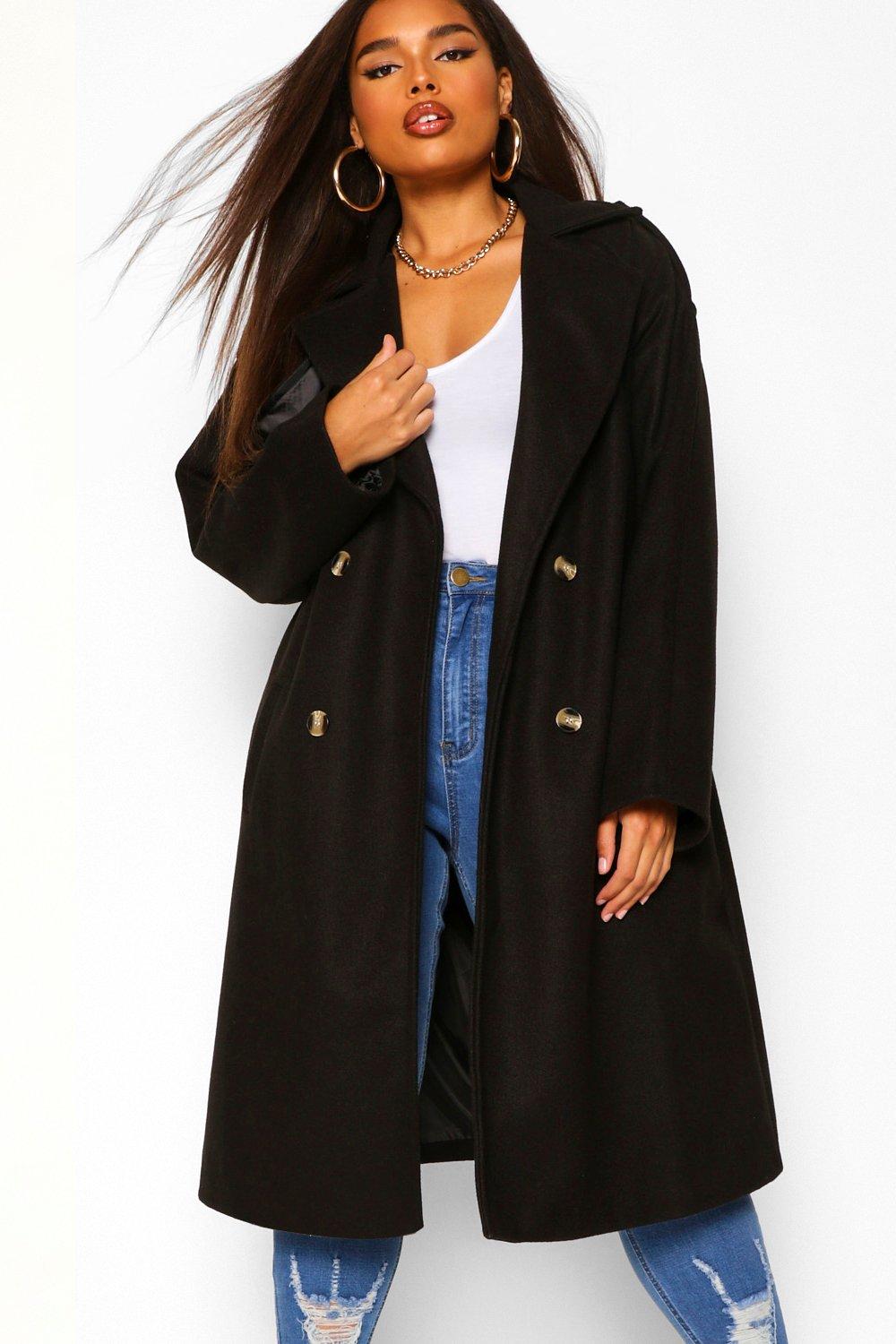 Boohoo belted wool look trench coat in black hotsell