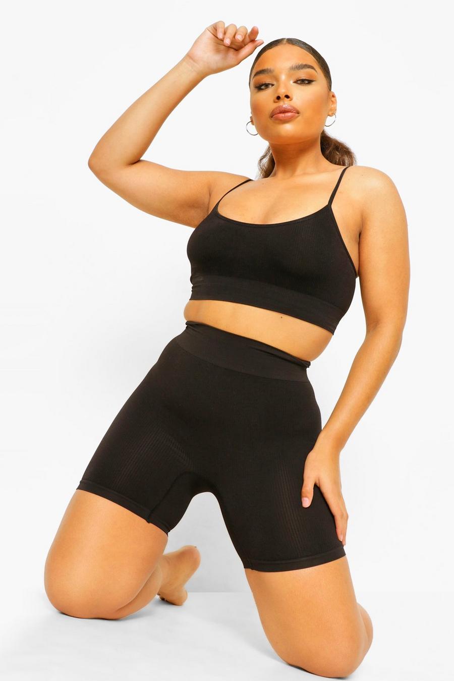 Black Plus Ribbed Seamless Control Cycling Shorts image number 1
