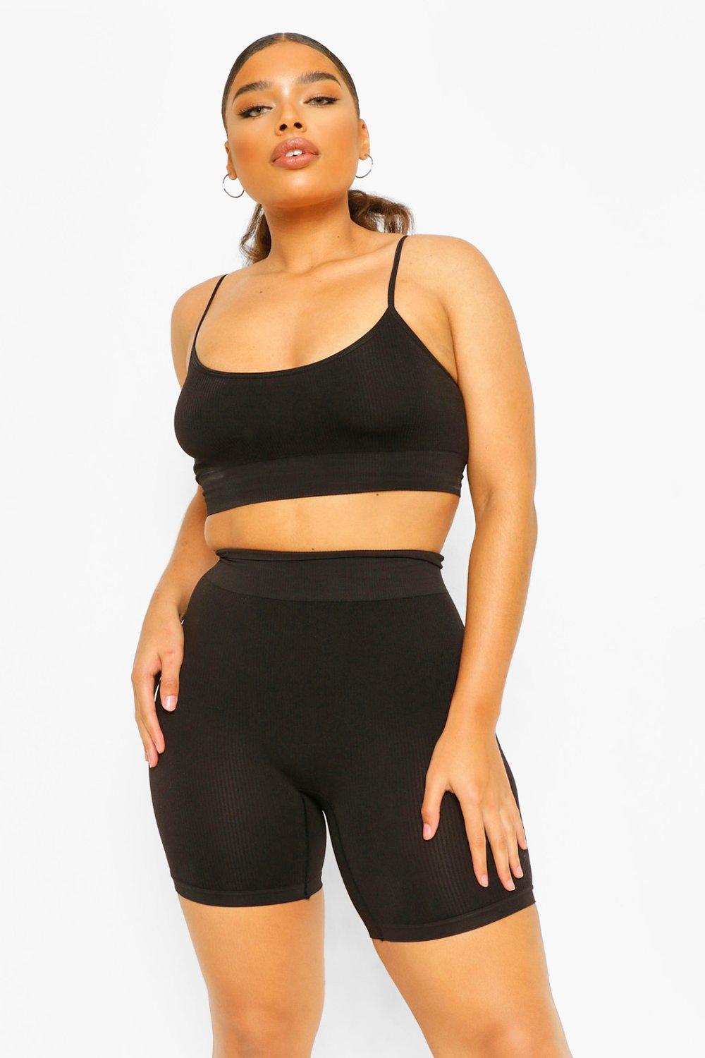 Plus Black Ribbed Biker Shorts, Plus Size