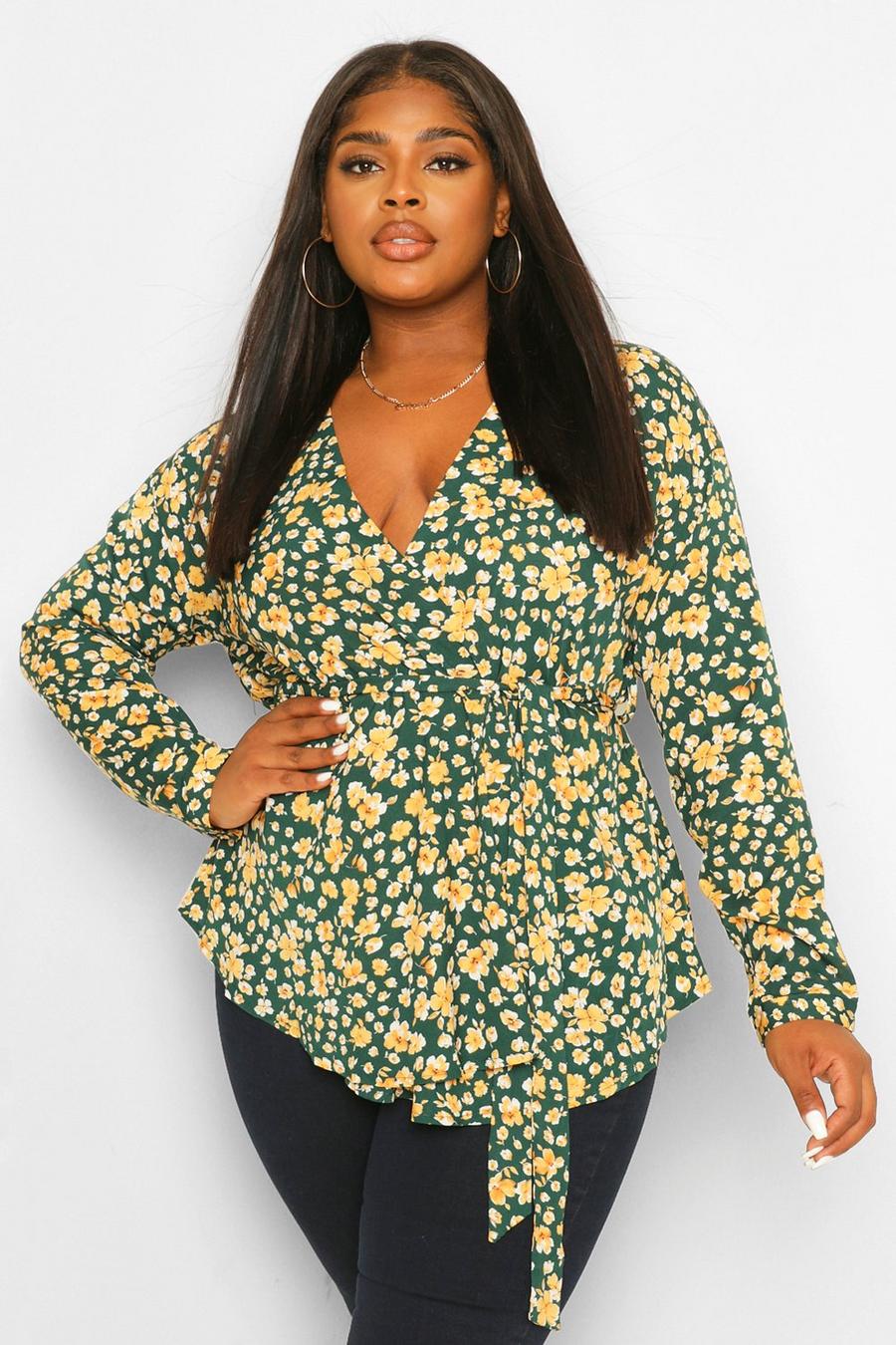 Green Plus Floral Wrap Blouse image number 1