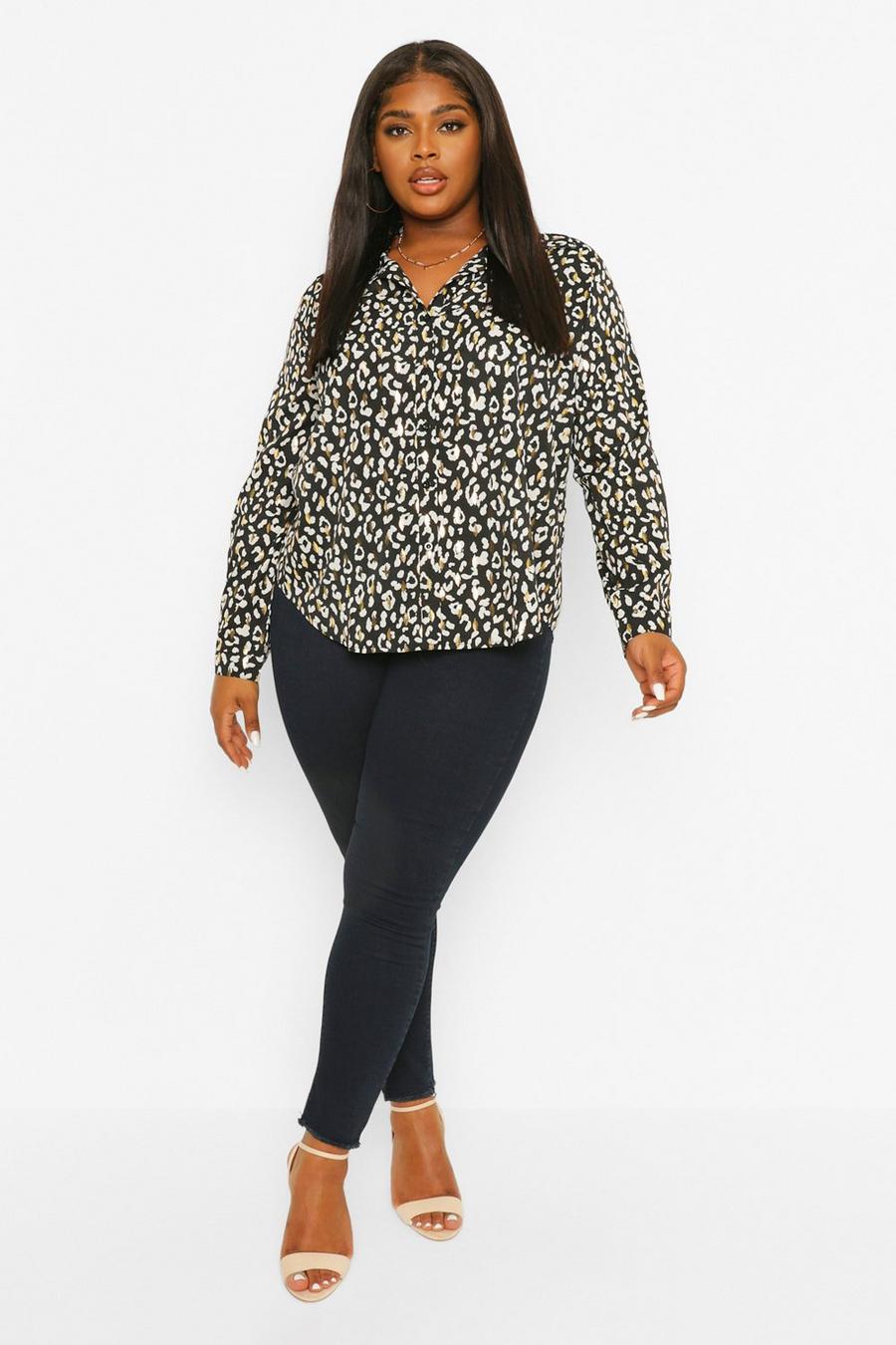 Camisa ancha con estampado metálico de leopardo Plus, Negro image number 1