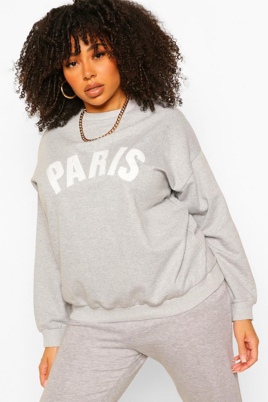 Grey gris Plus Paris Applique Slogan Sweatshirt image number 1