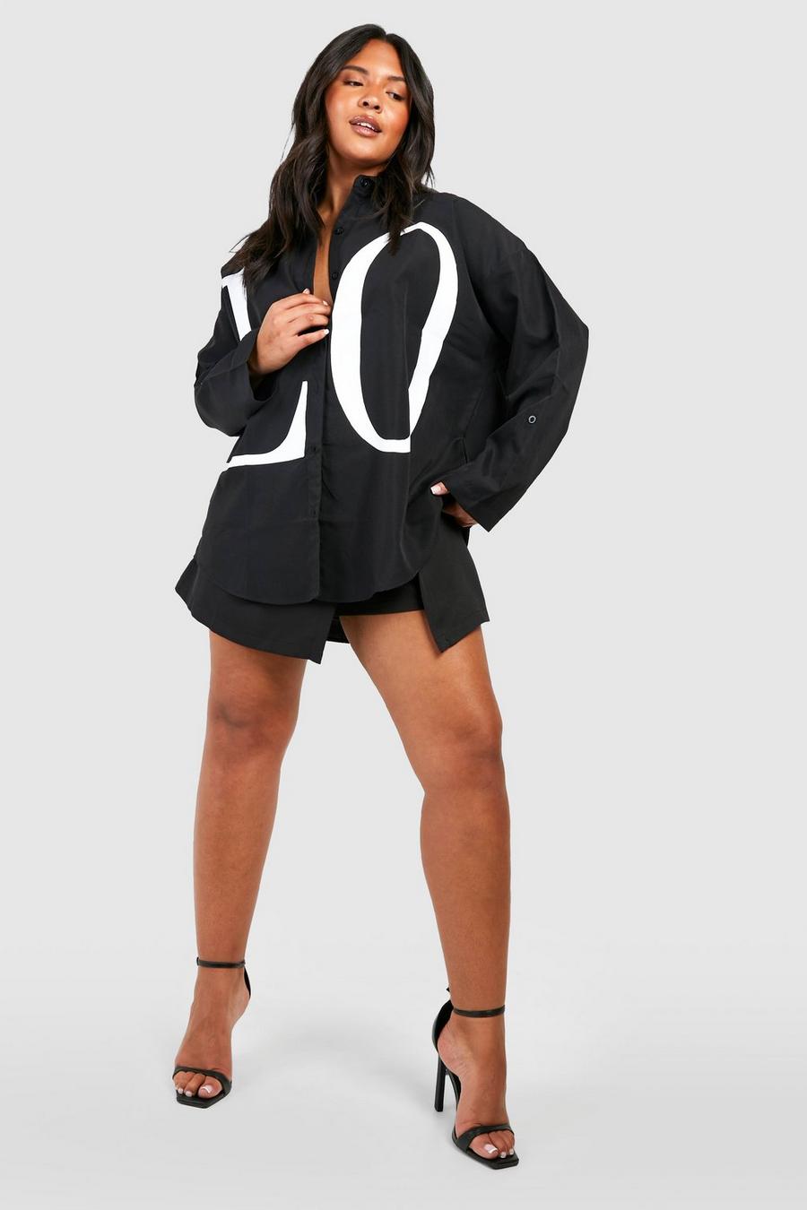 Camicia Plus Size oversize con slogan Love, Nero image number 1