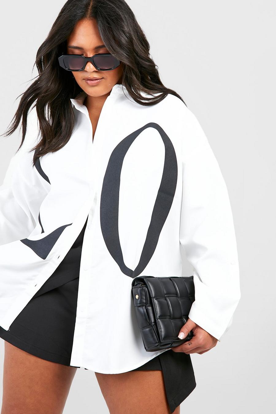 Camicia Plus Size oversize con slogan Love, White image number 1