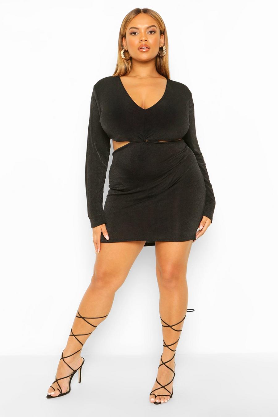 Black Plus Textured Slinky Cut Out Bodycon Dress image number 1