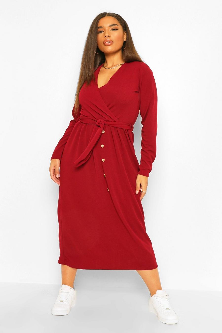 Berry Plus Wrap Belted Button Down Midi Dress image number 1