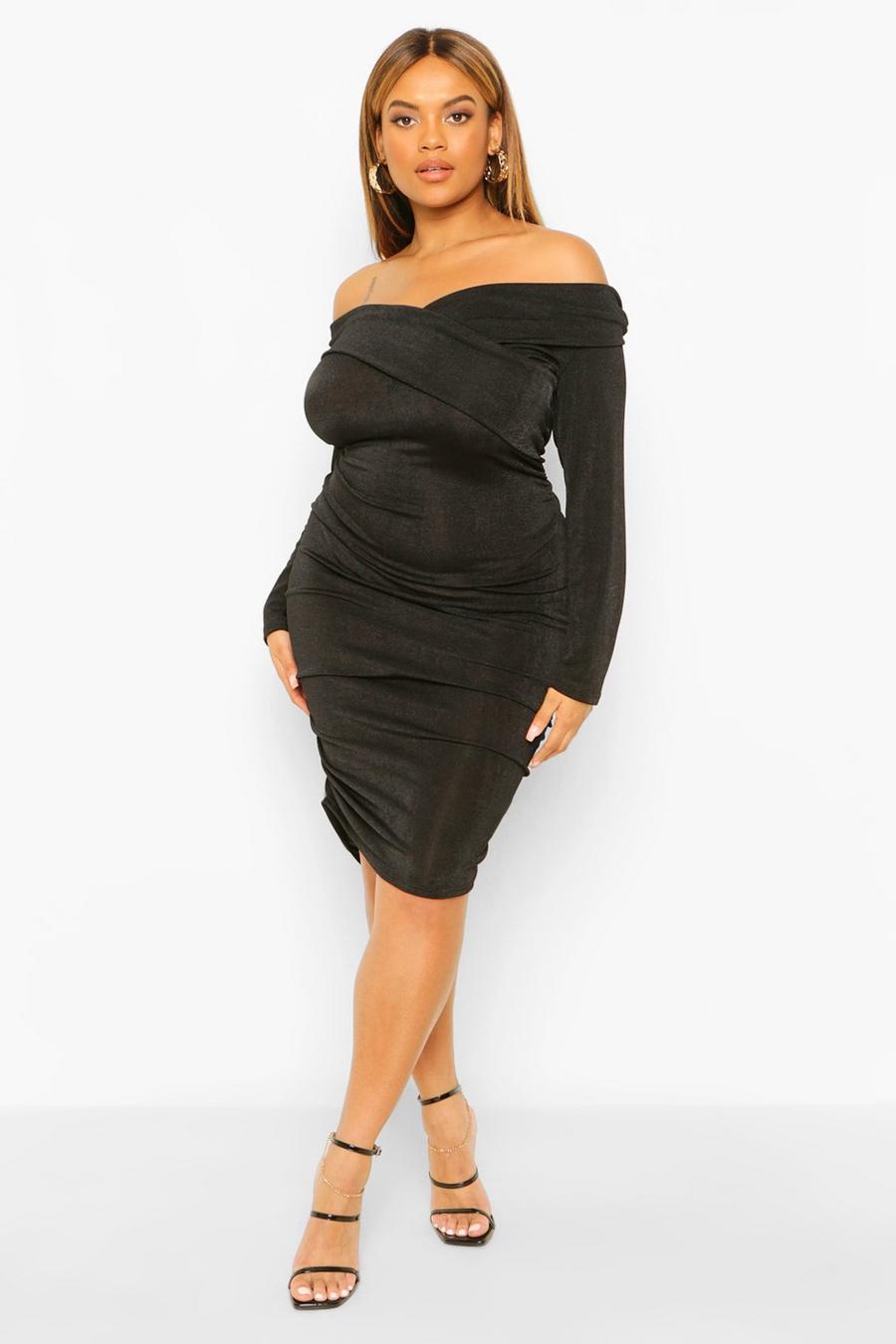 Vestido midi ajustado texturizado estilo Bardot Plus, Negro image number 1