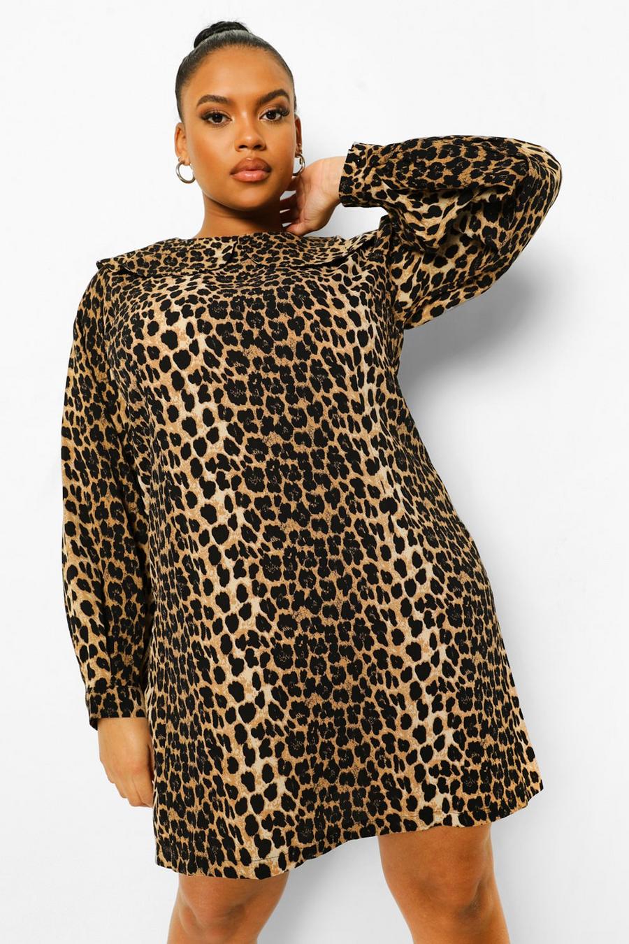 Brown Plus - Leopardmönstrad skiftklänning med krage image number 1