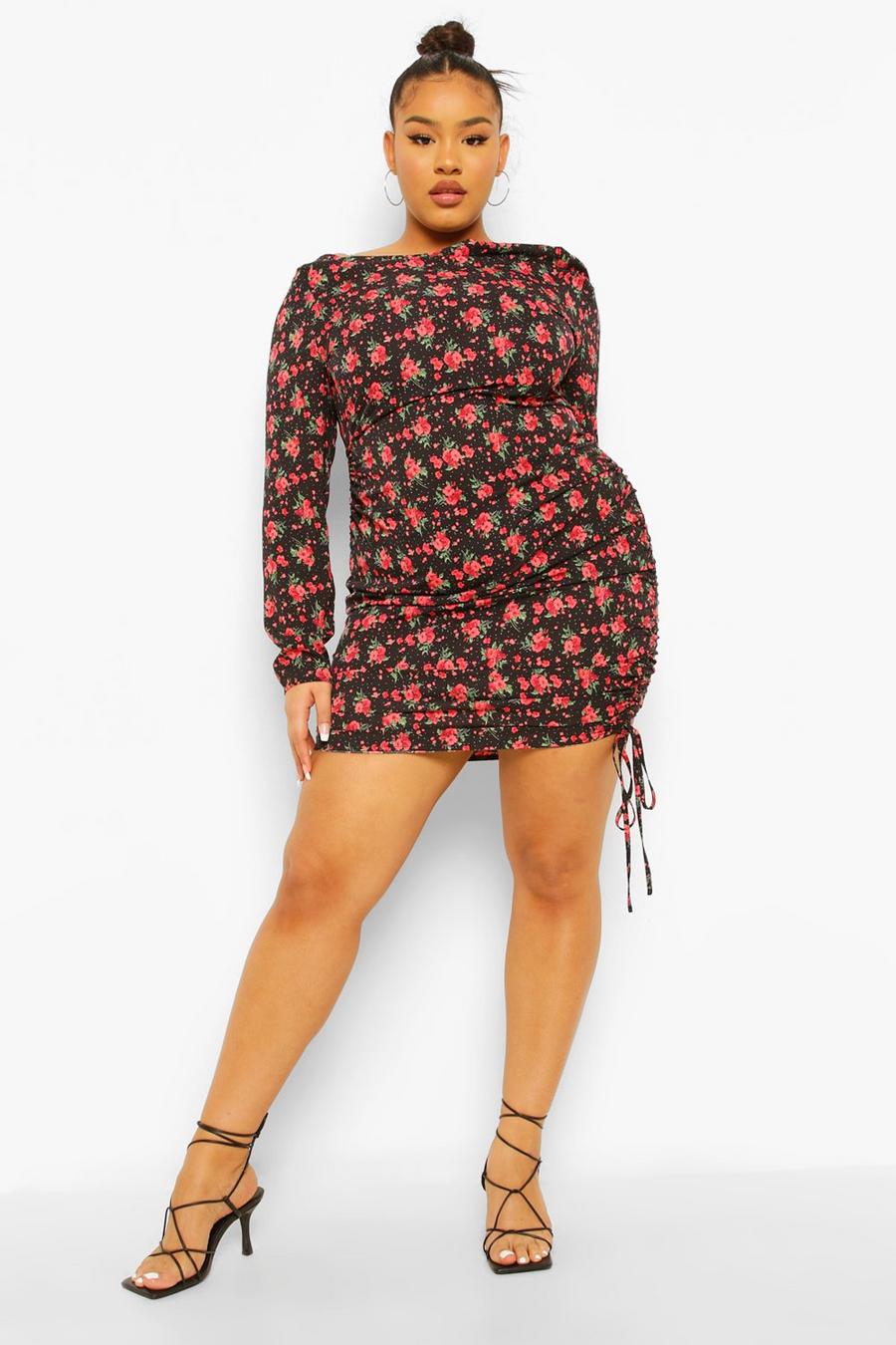 Black Plus Floral Side Ruched Bodycon Dress image number 1