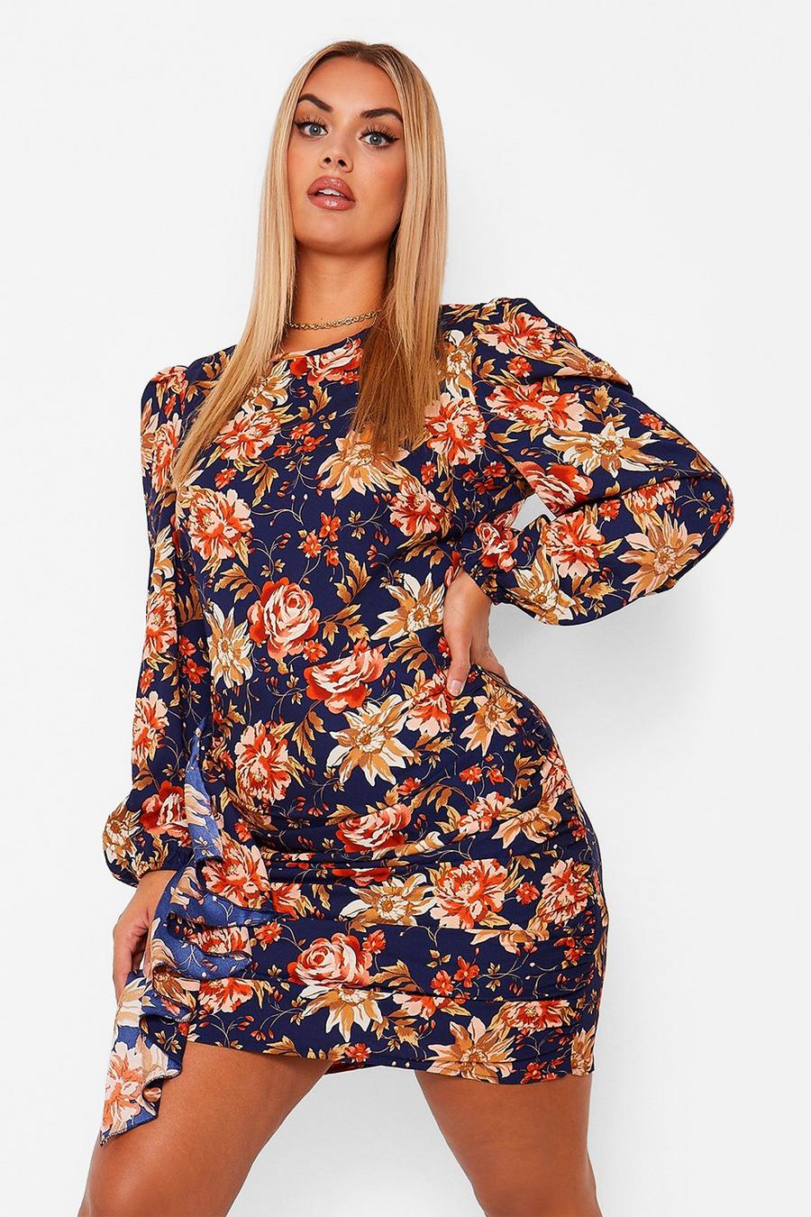Navy Plus Floral Ruffle Detail Shift Dress image number 1