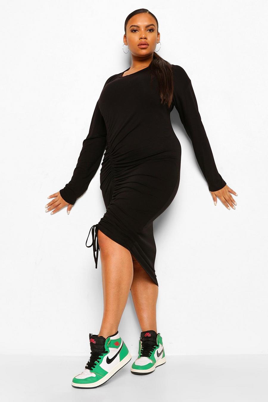 Black Plus Jersey Ruched Long Sleeve Midi Dress image number 1