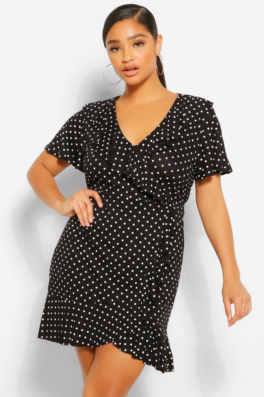Black Plus Polka Dot Wrap Front Ruffle Tea Dress image number 1