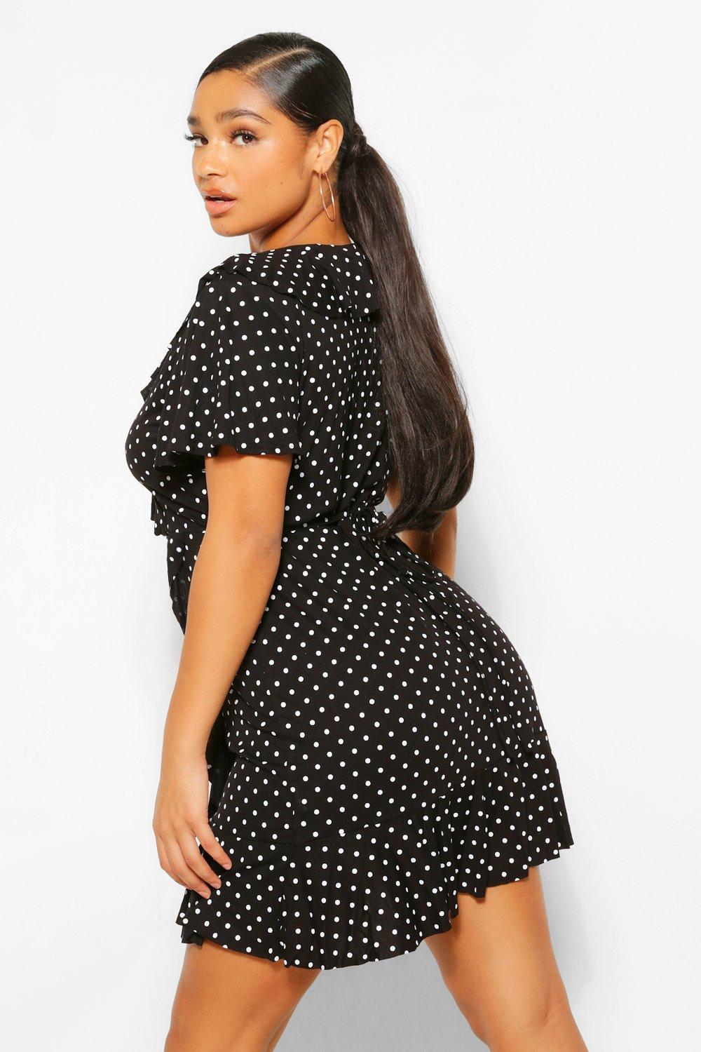 Polka dot wrap outlet front ruffle tea dress