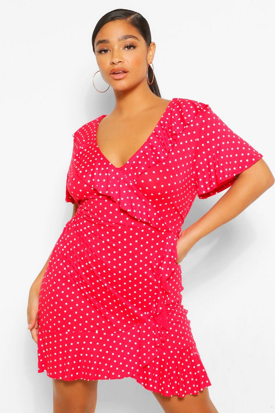 Red Plus Polka Dot Wrap Front Ruffle Tea Dress image number 1