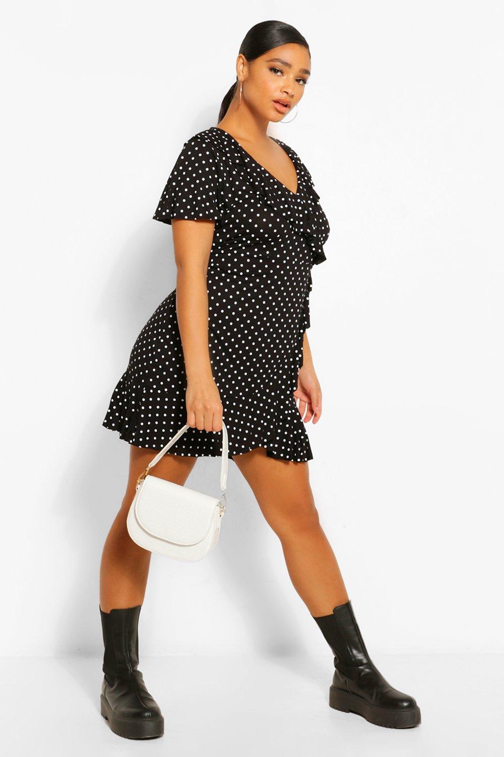 polka dot wrap front ruffle tea dress