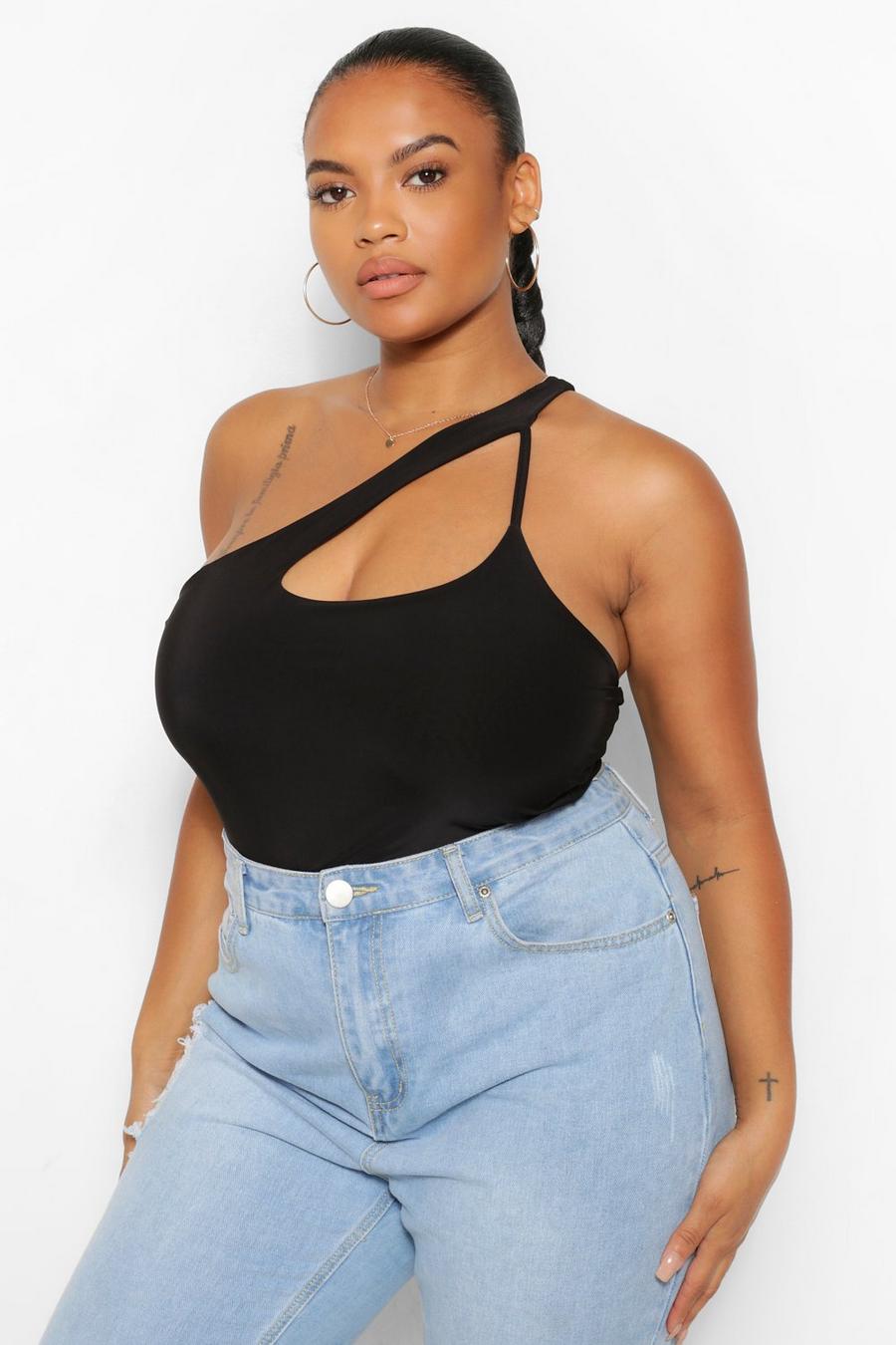 Black Plus One Shoulder Strappy Double Layer Bodysuit image number 1