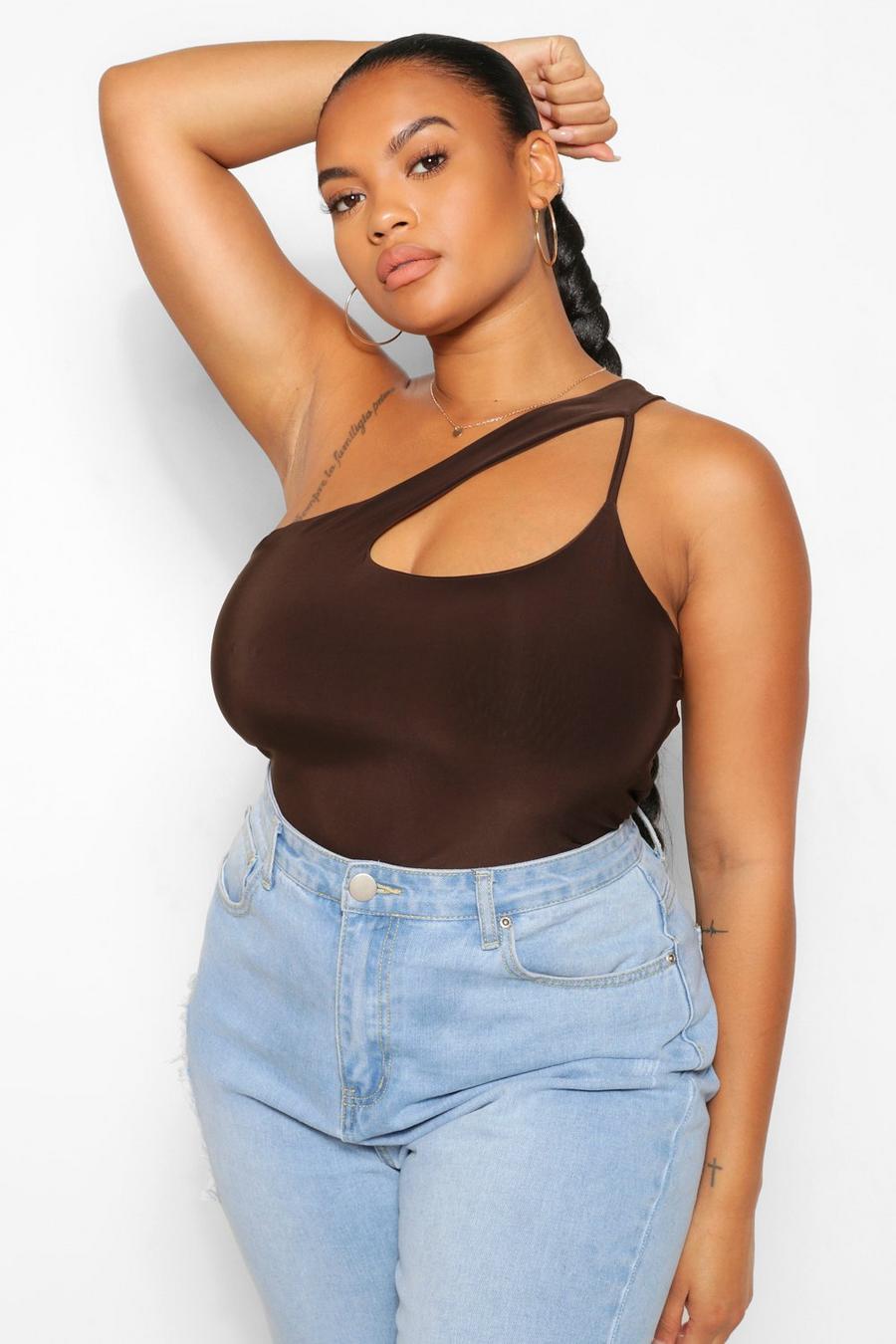 Chocolate Plus One Shoulder Strappy Double Layer Bodysuit image number 1