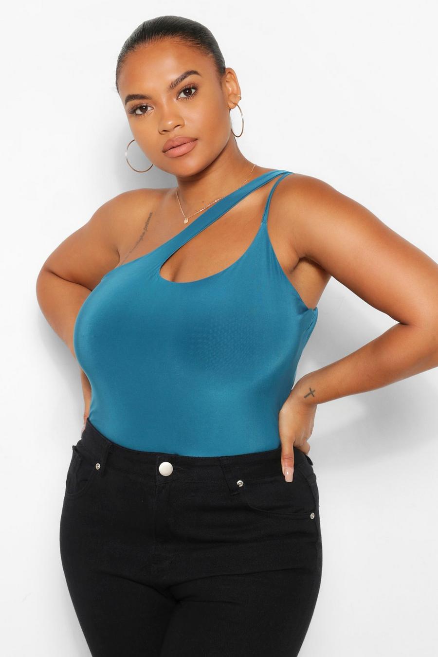 Teal Plus One Shoulder Strappy Double Layer Bodysuit image number 1