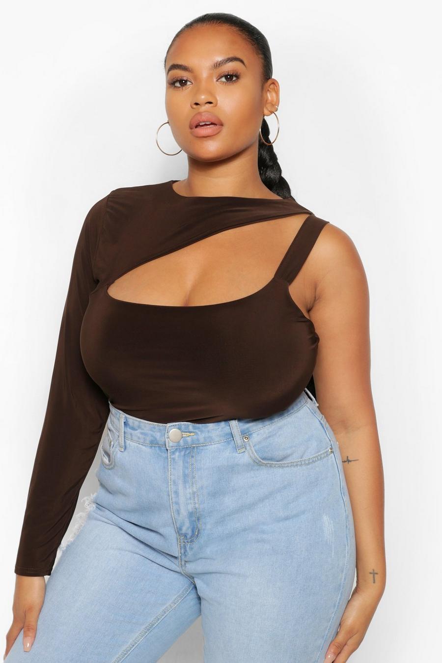 Chocolate Plus One Shoulder Cut Out Double Layer Bodysuit image number 1