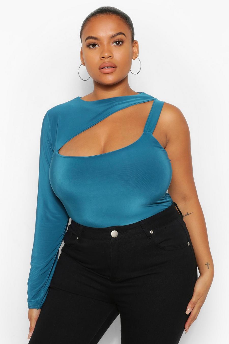 Teal Plus One Shoulder Cut Out Double Layer Bodysuit image number 1
