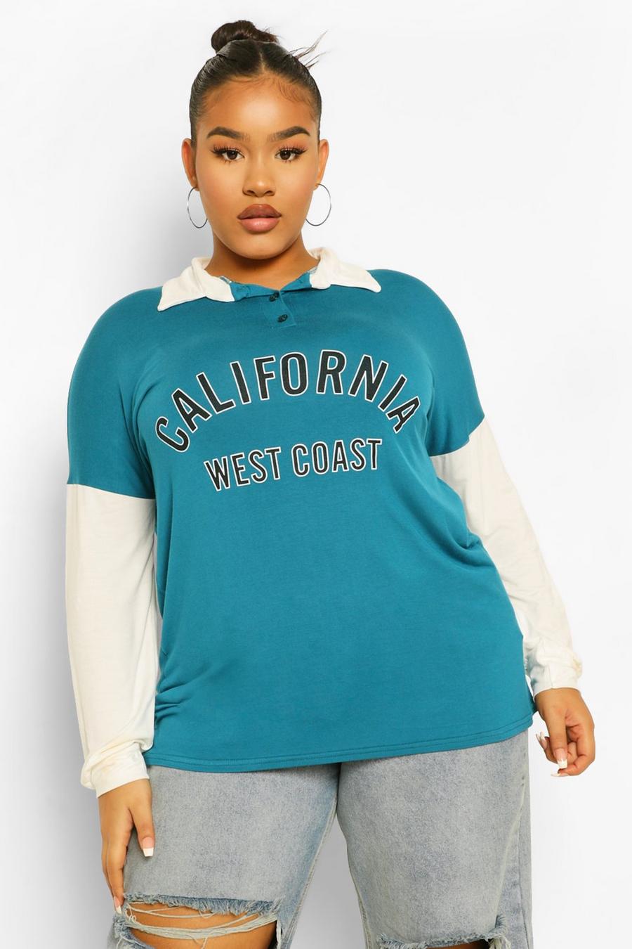 Teal Plus California Slogan Colour Block Rugby T-Shirt image number 1
