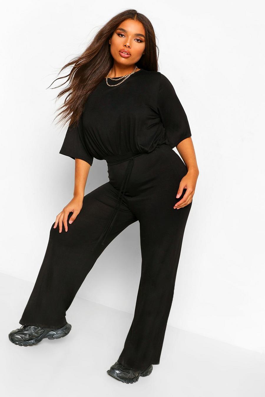 Black Plus Slouchy Self Belted Jumpsuit image number 1