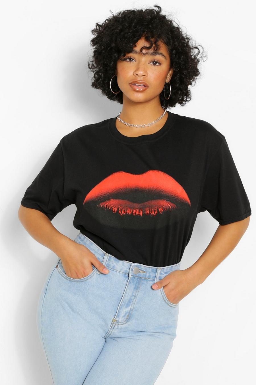Zwart Plus T-Shirt Met Ombre Lippen image number 1