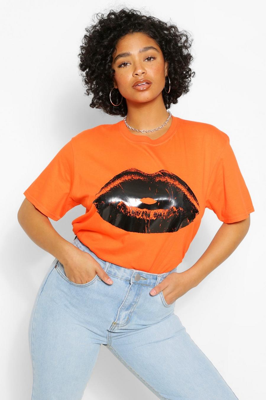 Plus T-Shirt mit Lippen mit Farbverlauf, Orange image number 1