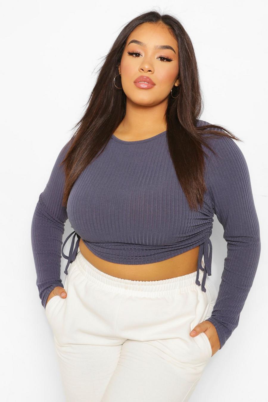 Charcoal Plus Soft Rib Ruched Side Crop Top image number 1