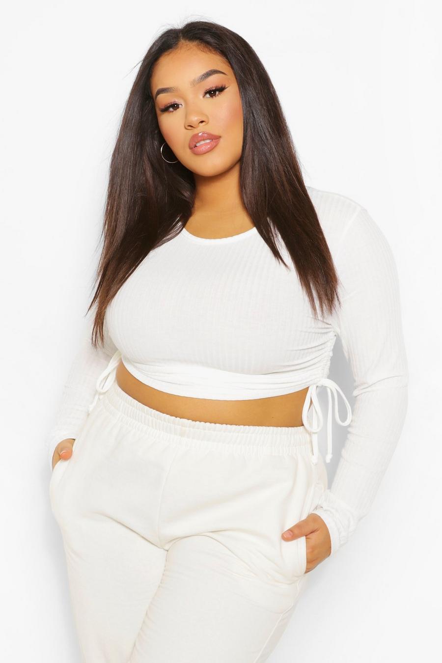 White Plus Soft Rib Ruched Side Crop Top image number 1